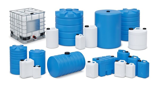 Collection of various industrial plastic containers and tanks isolated on white background