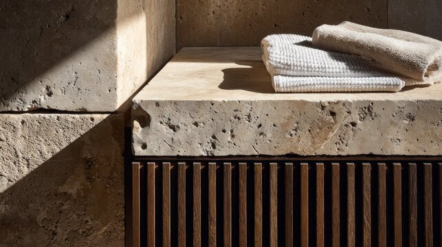 Natural stone vanity surface features stacked soft textiles illuminated by sharp daylight shadows.