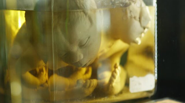 Exhibition of anatomical exhibits. A human infant with the pathological development of anencephaly
