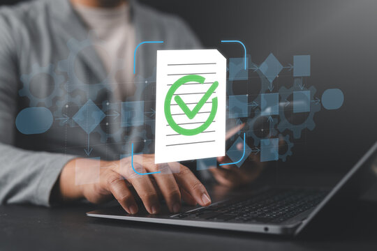 Business process automation (BPA) and document automation concept with flowchart and checkmark icons, featuring businessman using laptop to automate document creation and streamline workflows.