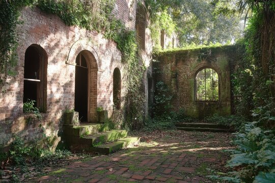 Overgrown ruins of colonial mansion with arched window, brick wall, ivy, and abandoned courtyard in lush forest