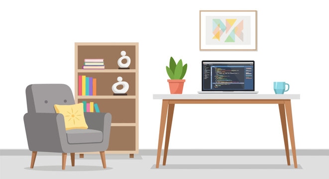 home office setup with laptop bookshelf and comfortable armchair