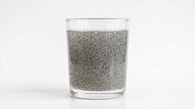 A glass contains chia seeds soaking in water on a table indoors.