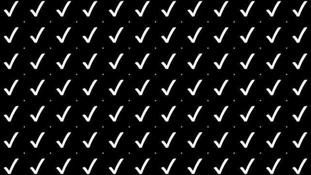 Animated Seamless Pattern Of White Checkmark Symbols With Glitch Effect On A Black Background, Seamless Loop, 4K Horizontal Video
