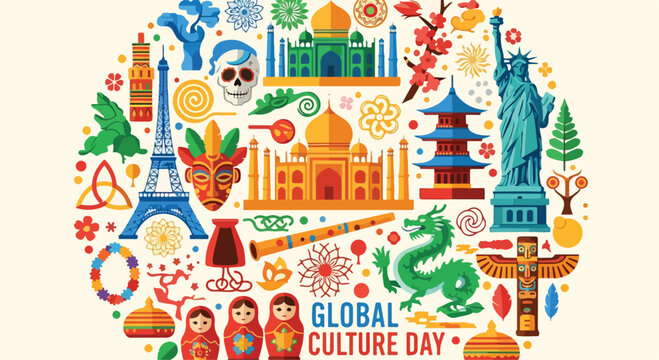 A colorful illustration celebrating Global Culture Day with diverse landmarks