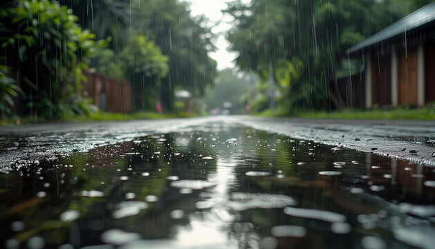 Wet Road with Puddle During Light Rain on an Overcast Day