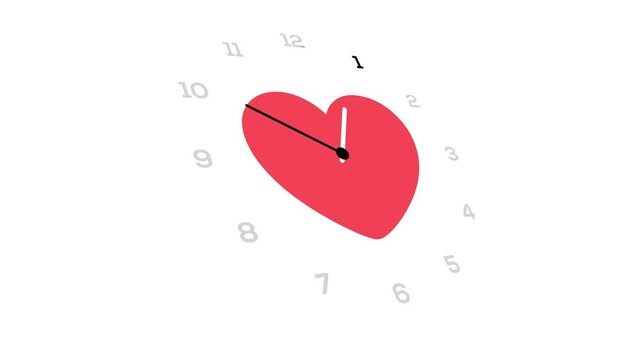 Analog clock design with moving hands that mark 15 hours with a heart icon on a white background