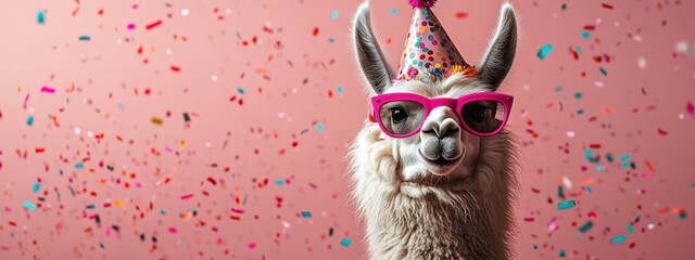 Fototapeta premium fluffy white llama wearing pink sunglasses and a polka dot party hat, surrounded by colorful confetti with a playful celebratory expression on a pink background
