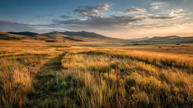 Golden prairie grassland at sunset with rolling hills and mountains under dramatic sky