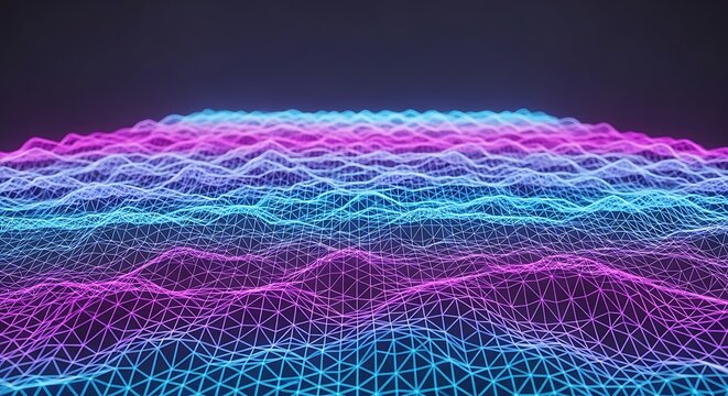 Neon digital landscape with grid lines.