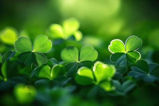 Sunlit three-leaf clovers with glowing edges in a soft-focus green meadow, evoking calm and freshness