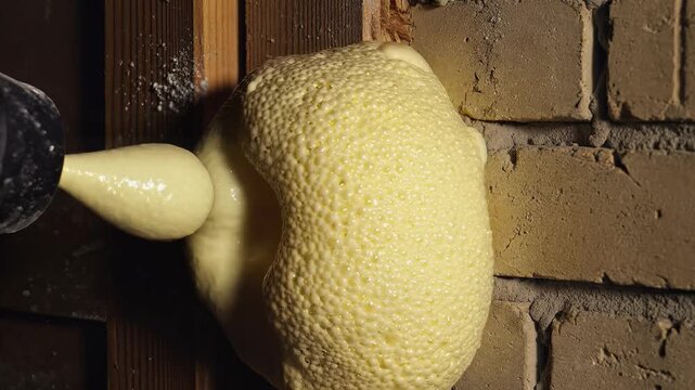 Expanding foam insulation being applied to a gap between wood and brick for home improvement and construction purposes