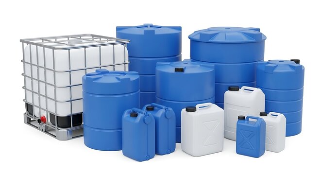Collection of various industrial plastic containers and water tanks