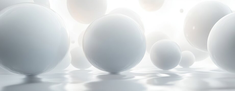 cluster of glossy white spheres on a reflective surface with soft light conveying serene ethereal calm