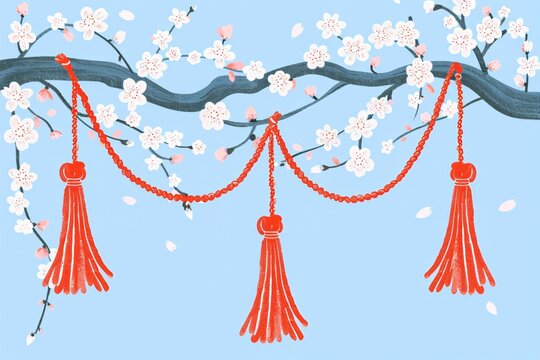 Traditional Japanese cherry blossom branch decorated with draped red decorative tassels. Decorative spring floral illustration for hanami festival celebration and Asian style design theme.