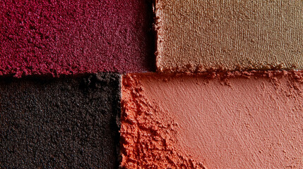 Fototapeta premium Eyeshadow and blush colors showing rich texture, shimmer, and matte finishes, great for beauty and make up concepts