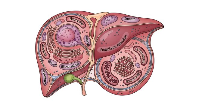 Detailed anatomical illustration of the human liver, showcasing the intricate microscopic cellular structure with key organelles like endoplasmic reticulum and mitochondria