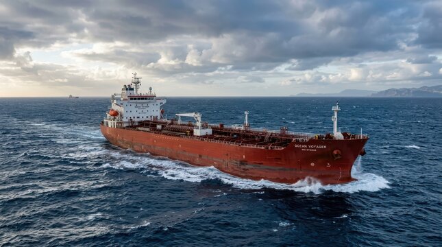 Red tanker sailing through choppy open ocean under cloudy sky