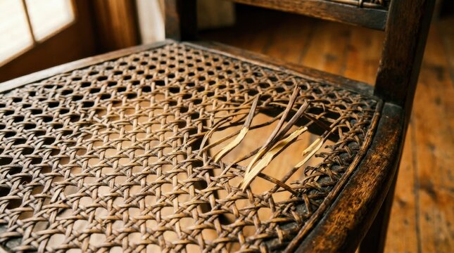Close-up of a damaged wicker chair seat with broken strands.
