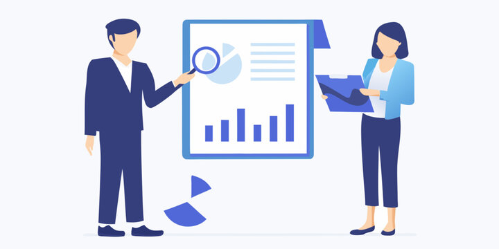 data analysts reviewing charts and graphs flat vector illustration
