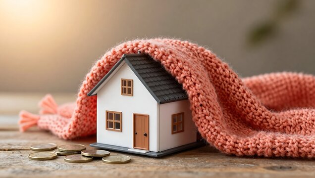 Cozy Home Savings & Insulation Concept: Knitted Scarf-Wrapped House with Coins Financial Warmth & Energy Efficiency Tips
