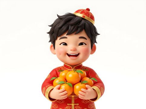 Asian boy in traditional clothes holding oranges with new year