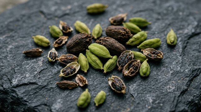 Close-up of green and black cardamom pods on a dark stone surface.