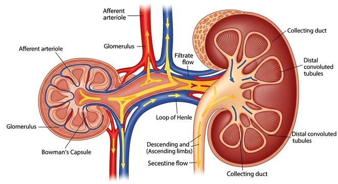 Comprehensive medical illustration detailing the intricate anatomy of the human kidney and the nephron's vital blood filtration processes within the renal system
