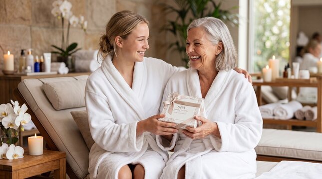 Shared Moments of Relaxation: Two women, wrapped in soft robes, share a tender moment of connection amidst the serene ambiance of a spa, embodying peace and tranquility.