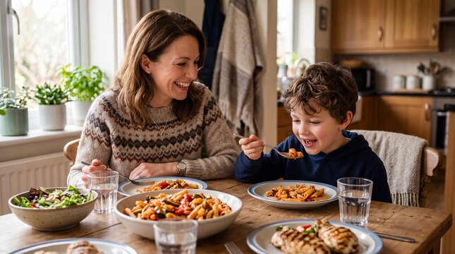 Heartwarming Family Meal: A tender scene of a mother and child sharing a delicious meal together in their cozy dining room, showcasing a beautiful bond.