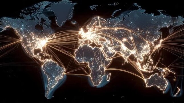 Global interconnectedness visualized through light pathways spanning continents on a world map, depicting a network of connections