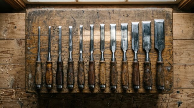 Collection of vintage wood chisels arranged on a wooden surface.