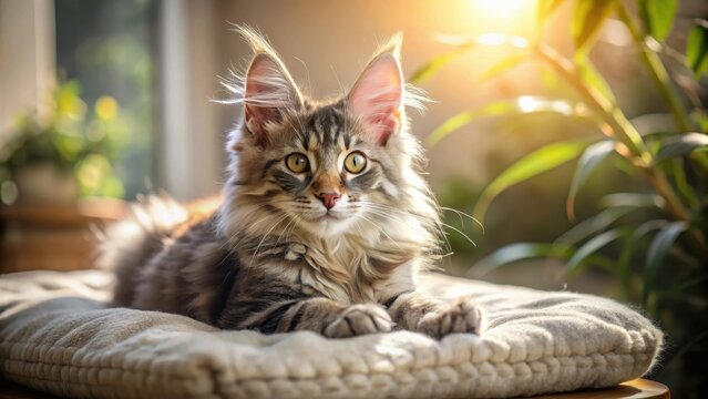 A photo of a tabby grey Maine Coon kitten with tassel ears lounging on a plush cushion at home