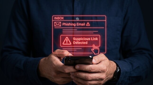 Man holding smartphone with phishing email alert on screen warning of suspicious link detected in inbox