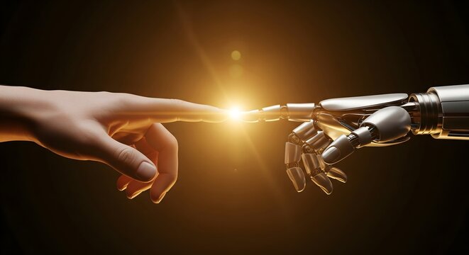 A human finger and a robotic finger touching at the tips with a bright light flare on a dark background.