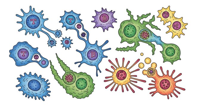 Diverse collection of stylized cells with colorful nuclei and varied shapes representing biological diversity and cellular structures