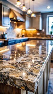 A closeup of a kitchen countertop made of granite stone