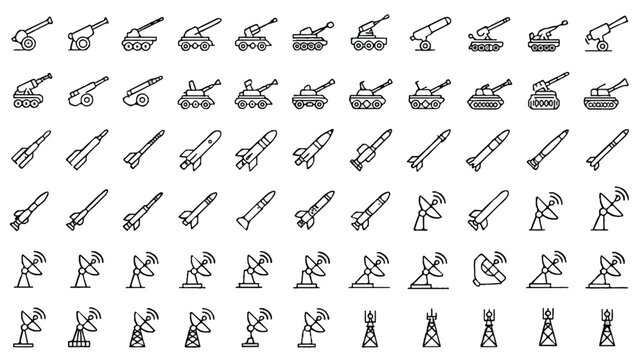 Military vehicles and communication towers icons  various tanks and rockets
