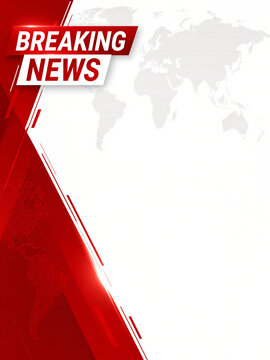 Global breaking news broadcast banner template featuring a world map silhouette and red directional lines for television media programming updates and urgent worldwide information distribution