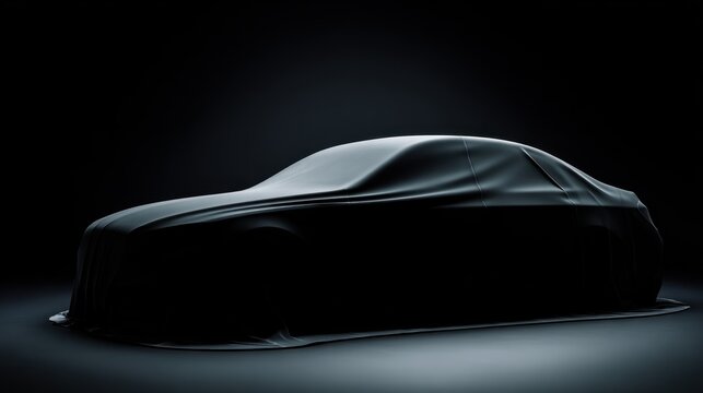 A new car model sits under a fabric cover in a dark room. The space is designed for an upcoming unveiling event. Lights focus on the shape of the vehicle