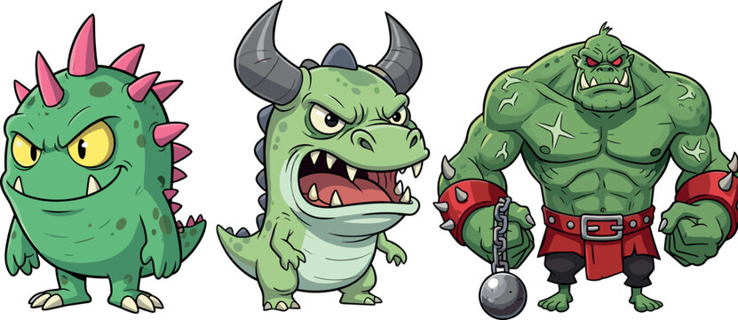 Angry Fantasy Monster and Orc Character Vector Set Featuring Spiky Green Creature Horned Dragon and Muscular Orc Warrior with Flail Weapon