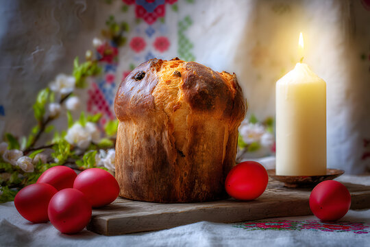 Traditional Orthodox Easter still life featuring sweet bread (pasca), red dyed eggs, and a lit candle. A warm, symbolic composition representing faith, celebration, and cultural heritage.
