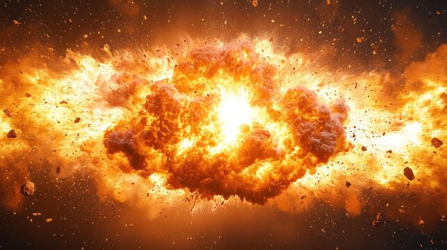 massive fiery explosion with glowing core, billowing smoke, scattered debris and glowing embers conveying intense catastrophic energy and dramatic chaos