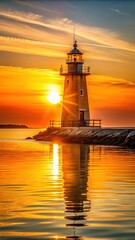 Fototapeta premium A photo of Delaware Breakwater Lighthouse at sunset with its beam casting a golden glow over the calm waters of Cape Henlopen State Park