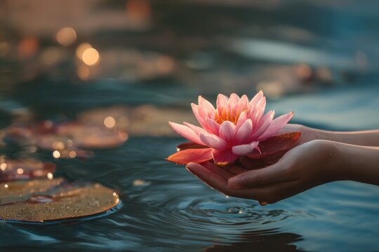 In the evening light, hands gently hold a pink lotus flower above the water. The calm surface reflects the colors of the flower and nearby water lilies