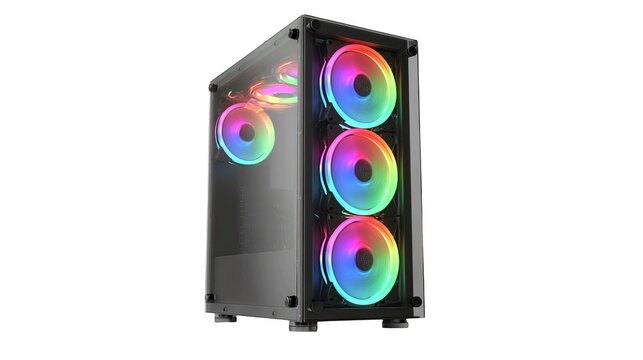 Modern computer tower with RGB lighting, isolated on white background, computer