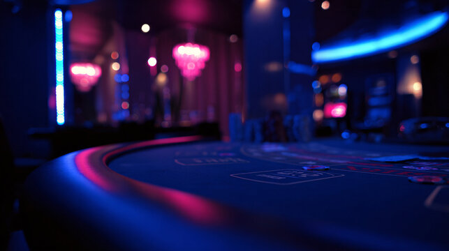 Casino blackjack table with neon lights, gambling in luxury lounge at night Professional poker game setup with chips and cards, cinematic atmosphere for high stakes entertainment and nightlife concept