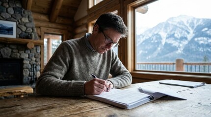 Obraz premium Scenic Work Environment: Professional reviewing documents in mountain cabin 