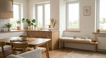Fototapeta premium Modern kitchen interior: A serene and inviting modern kitchen space, bathed in natural light, showcasing sleek wooden furniture and a harmonious blend of style and function.