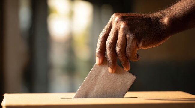 A hand places a ballot into a voting box at a polling location. It is a bright afternoon and the space is busy with voters